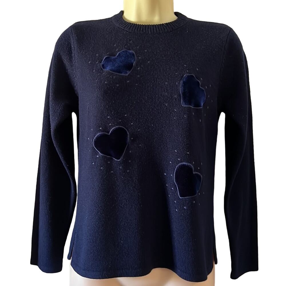 Copper Key Juniors Navy Blue Sweater with Velvet Heart Appliqués Pullover Y2K